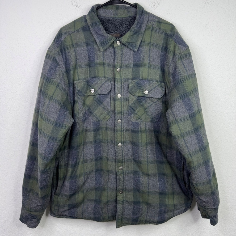 CQR Flannel Shirt Jacket Mens XL Green Gray Plaid‎ Sherpa Lined Rugged Gorpcore
